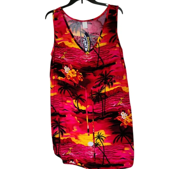NEW Palmwave Hawaiian Tropical Sleeveless Dress Large Red Black Beach Vacation - Picture 2 of 7